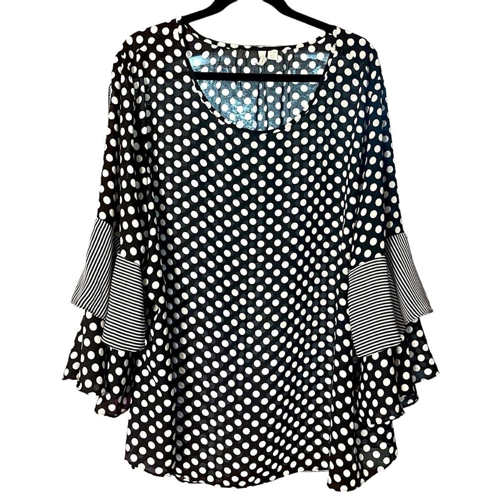 CATO Black White Polka Dot Ruffle Bell Sleeve Top Sz 26/28W